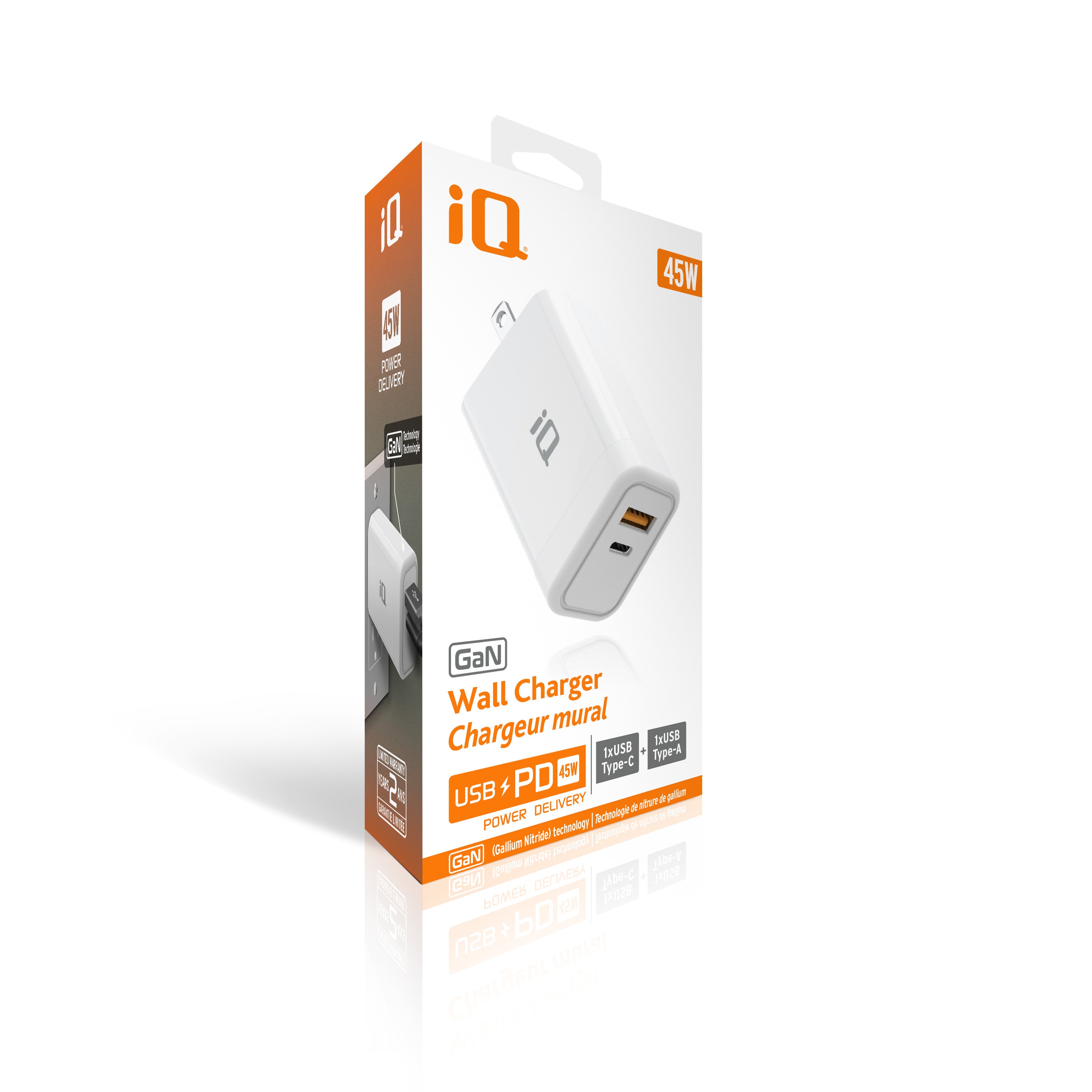 IQ PD45W Wall Charger with 1-Type C and 1-Type A