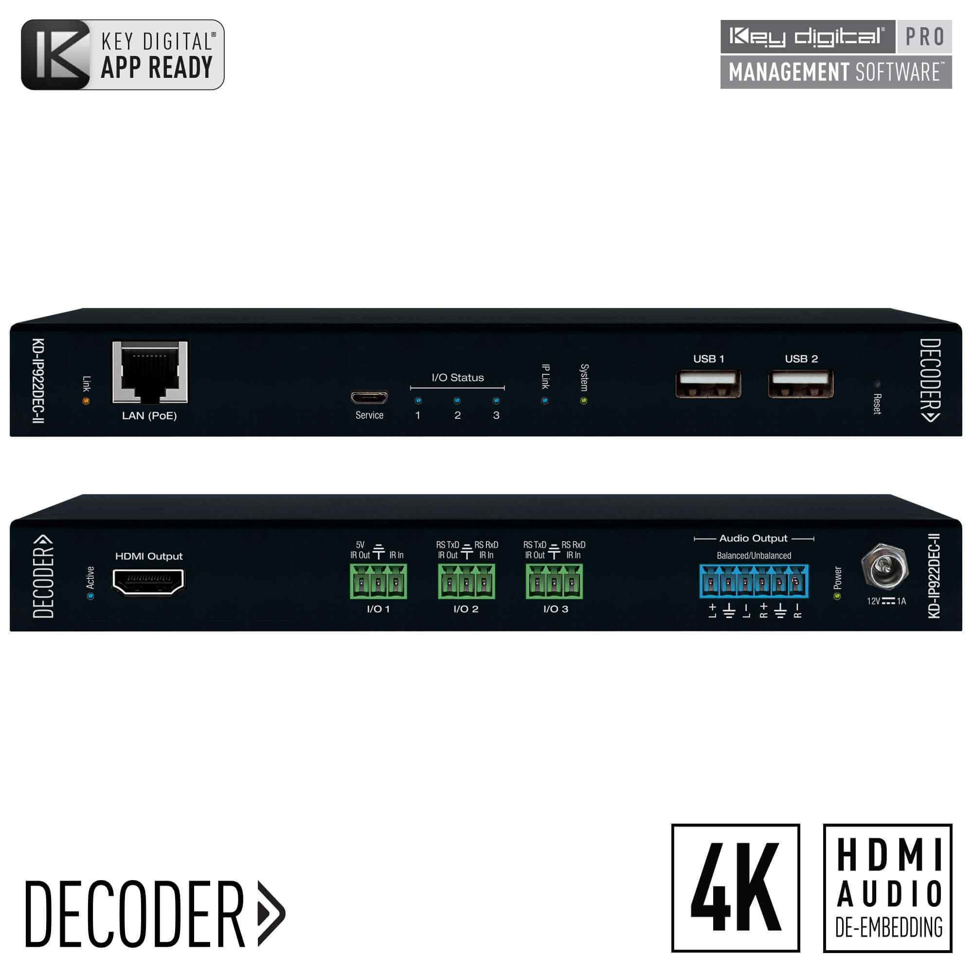 Key Digital KD-IP922DEC-II 4K AV over IP System Decoder with PoE Open API Control Ports