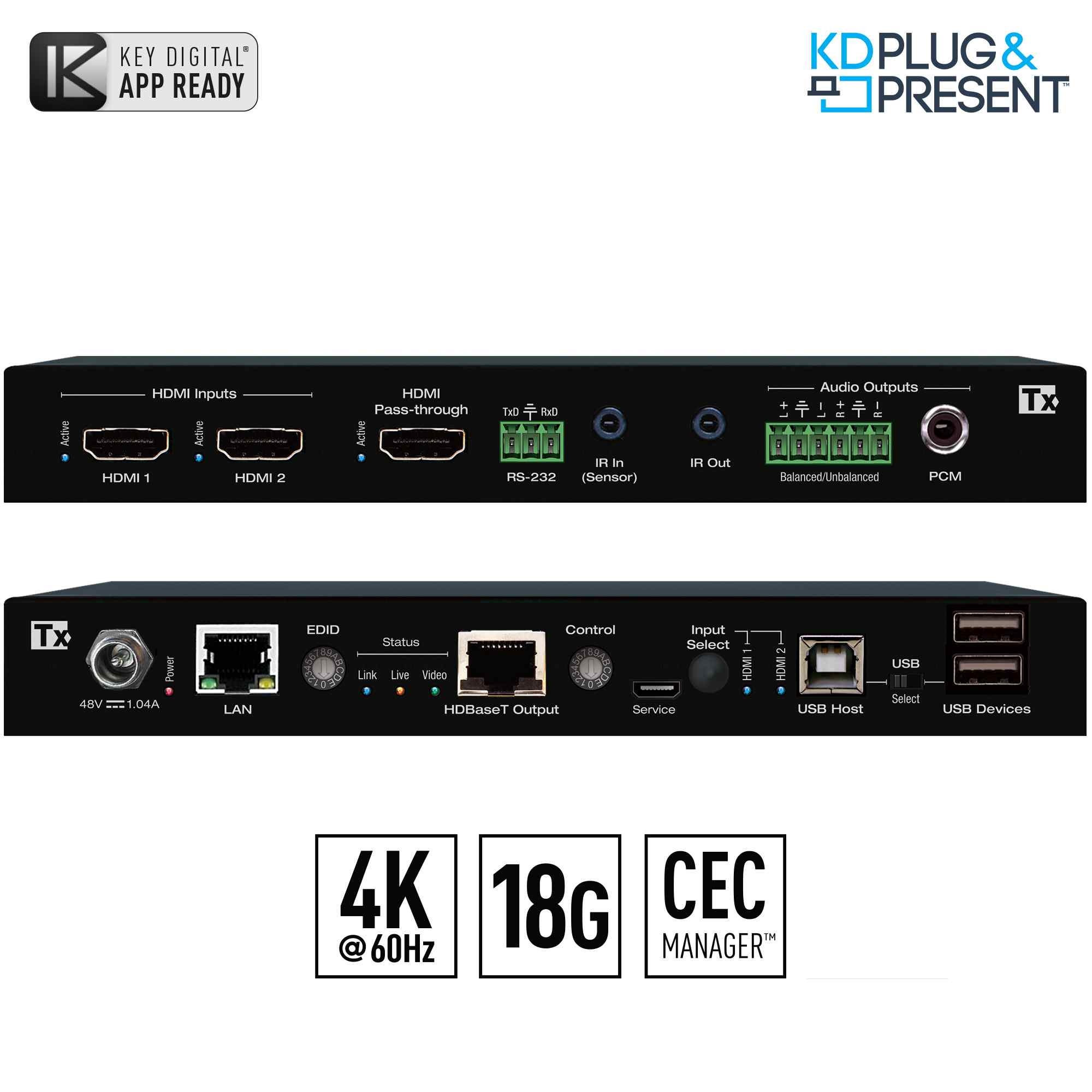 Key Digital KD-PS22UTX 2 Input HDMI Switcher and USB 2.0 100M HDBaseT Transmitter