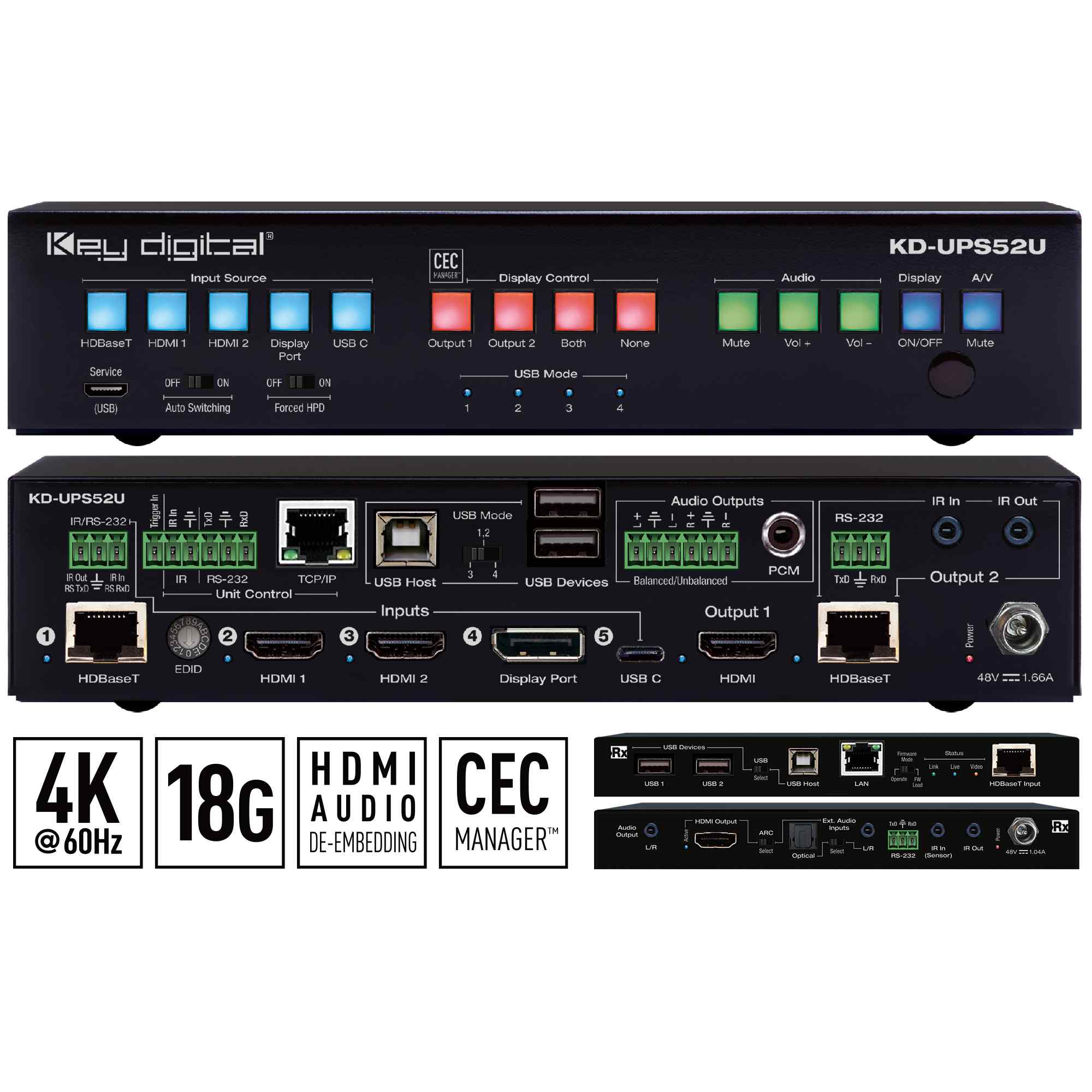 Key Digital KDUPS52U 5 Input 2 Mirrored Output Multi-Format Presentation Switch