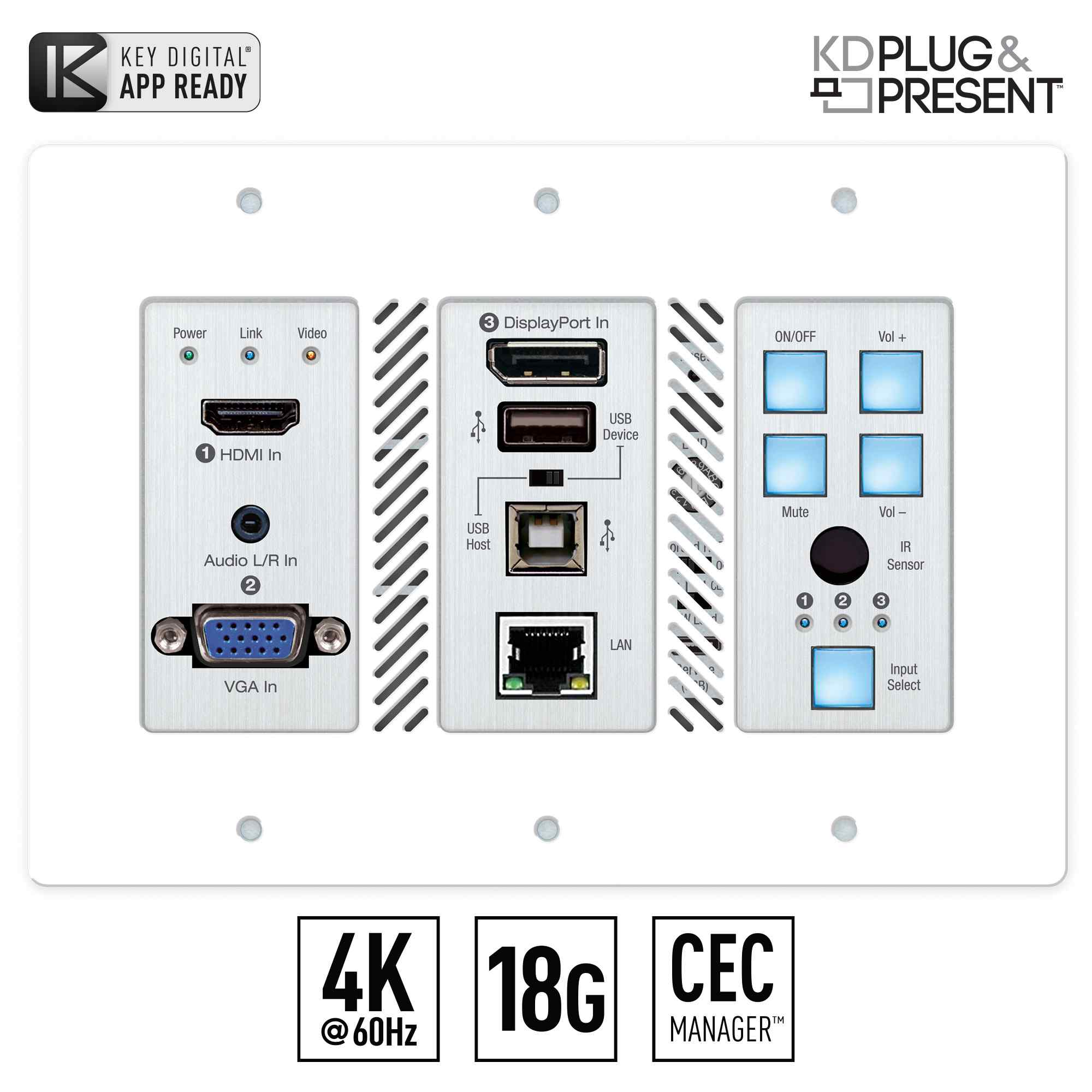 Key Digital KD-X3x1WUTx  3 Input Multi-Format Switcher and USB 2.0 Wall plate