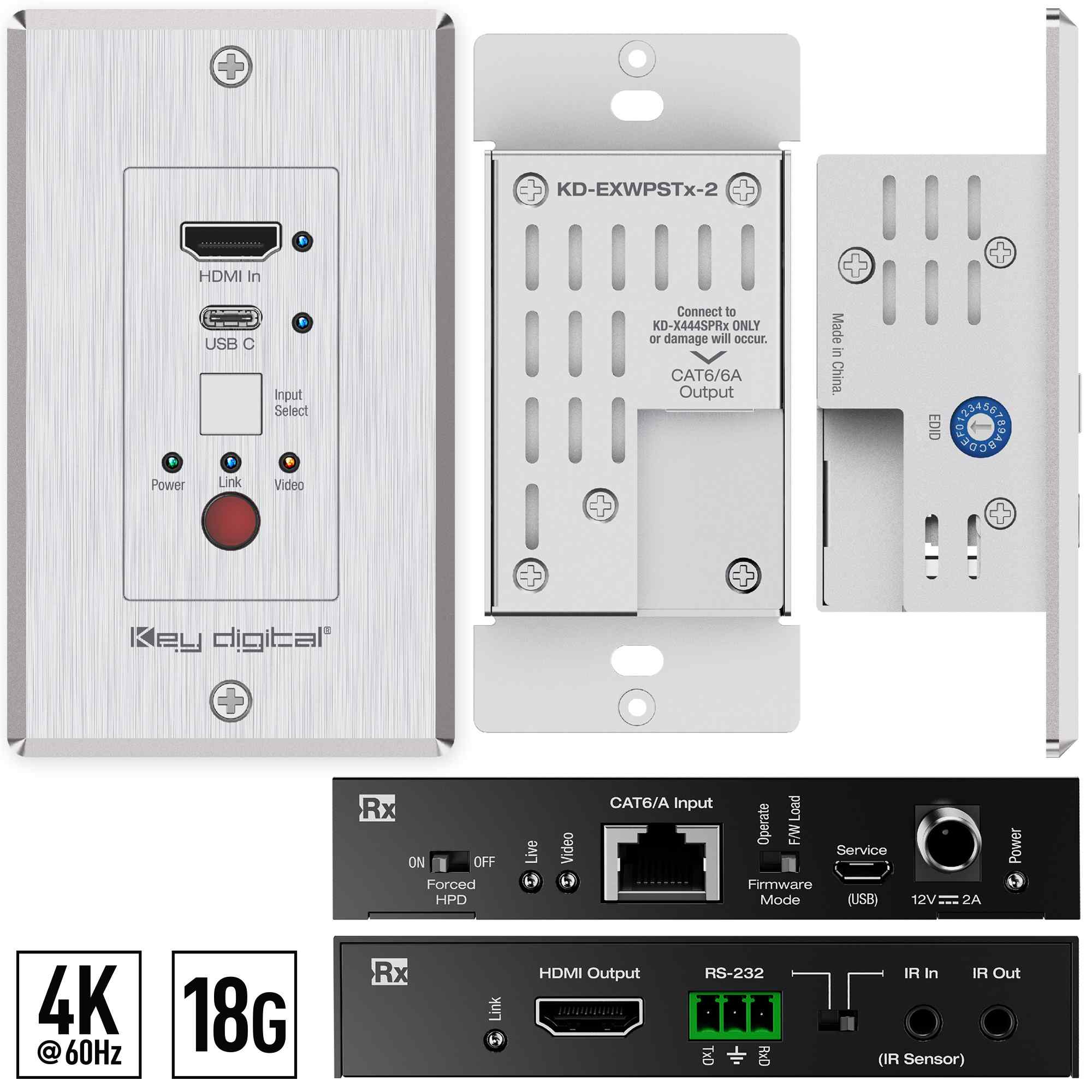 Key Digital HDMI USB-C over 50m CAT6 Wall Plate Extender Set