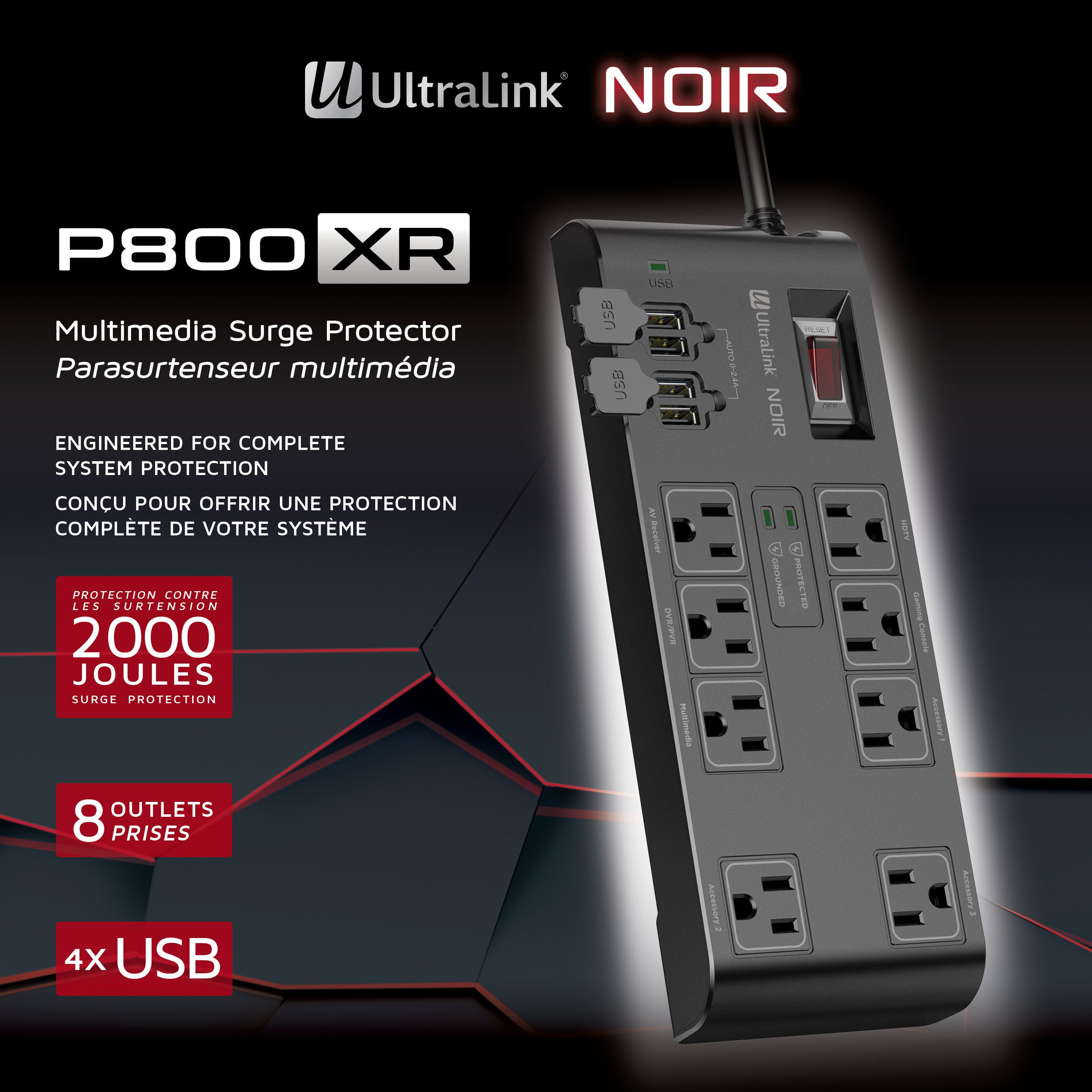 UltraLink Noir: Multimedia Surge Protector - 8 Outlets - 4 USB