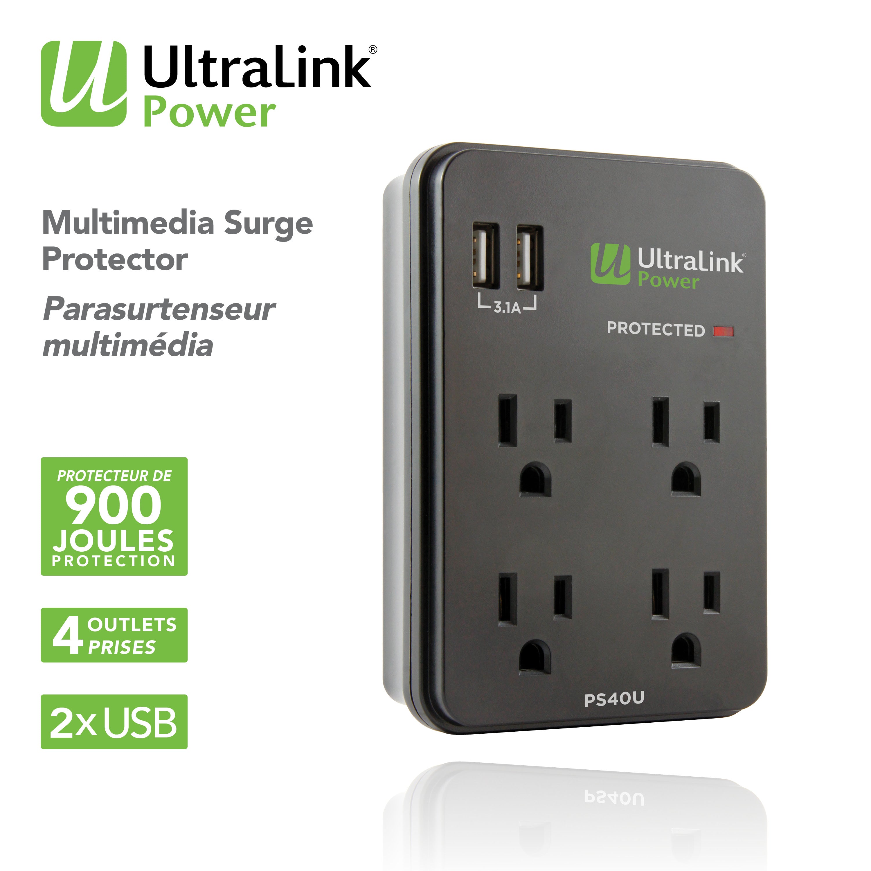 UltraLink Power: 4 Outlet 2 USB 3.1A Wall Multimedia Surge Protector