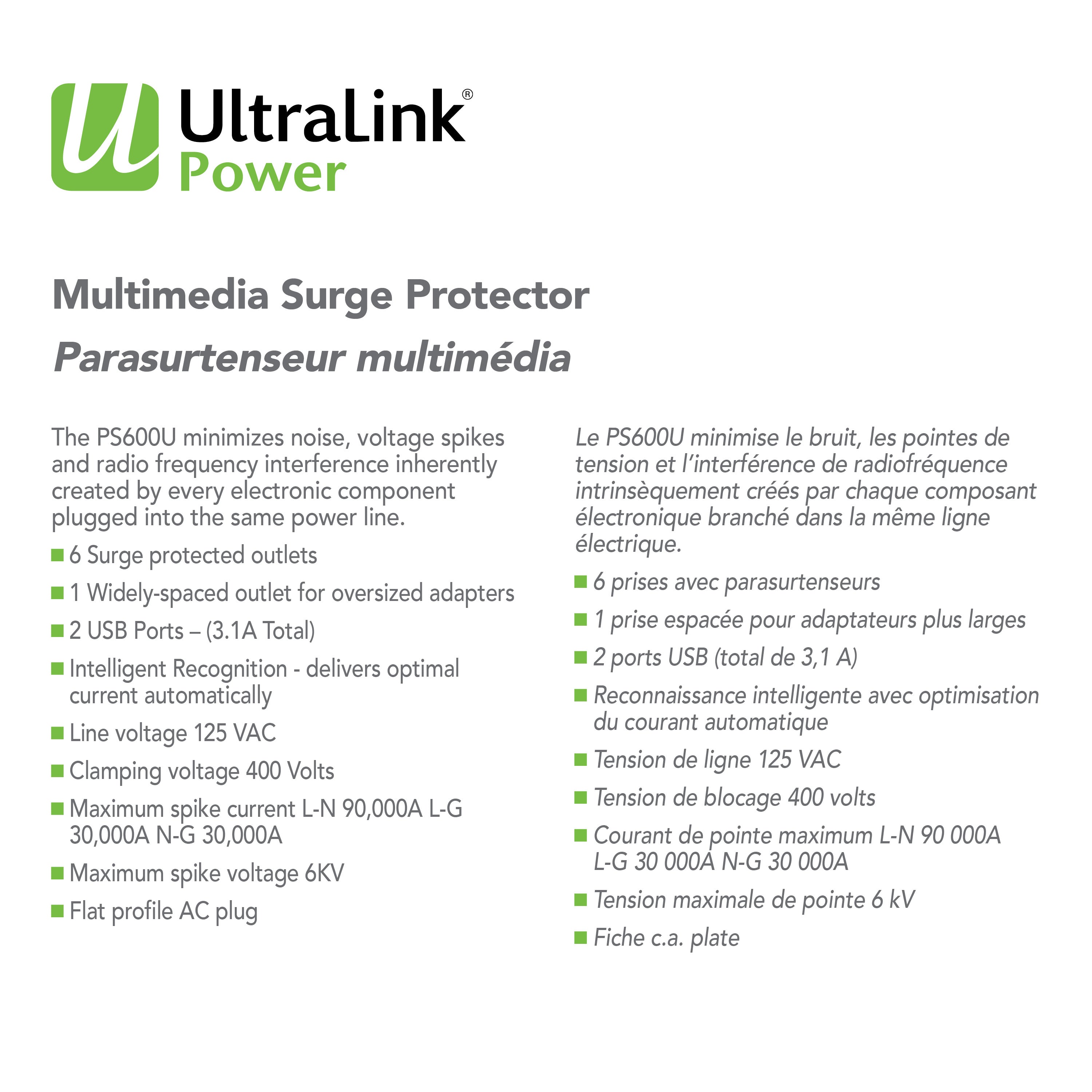 UltraLink Power: 6 Outlet 2 USB 3.1A Multimedia Surge Protector