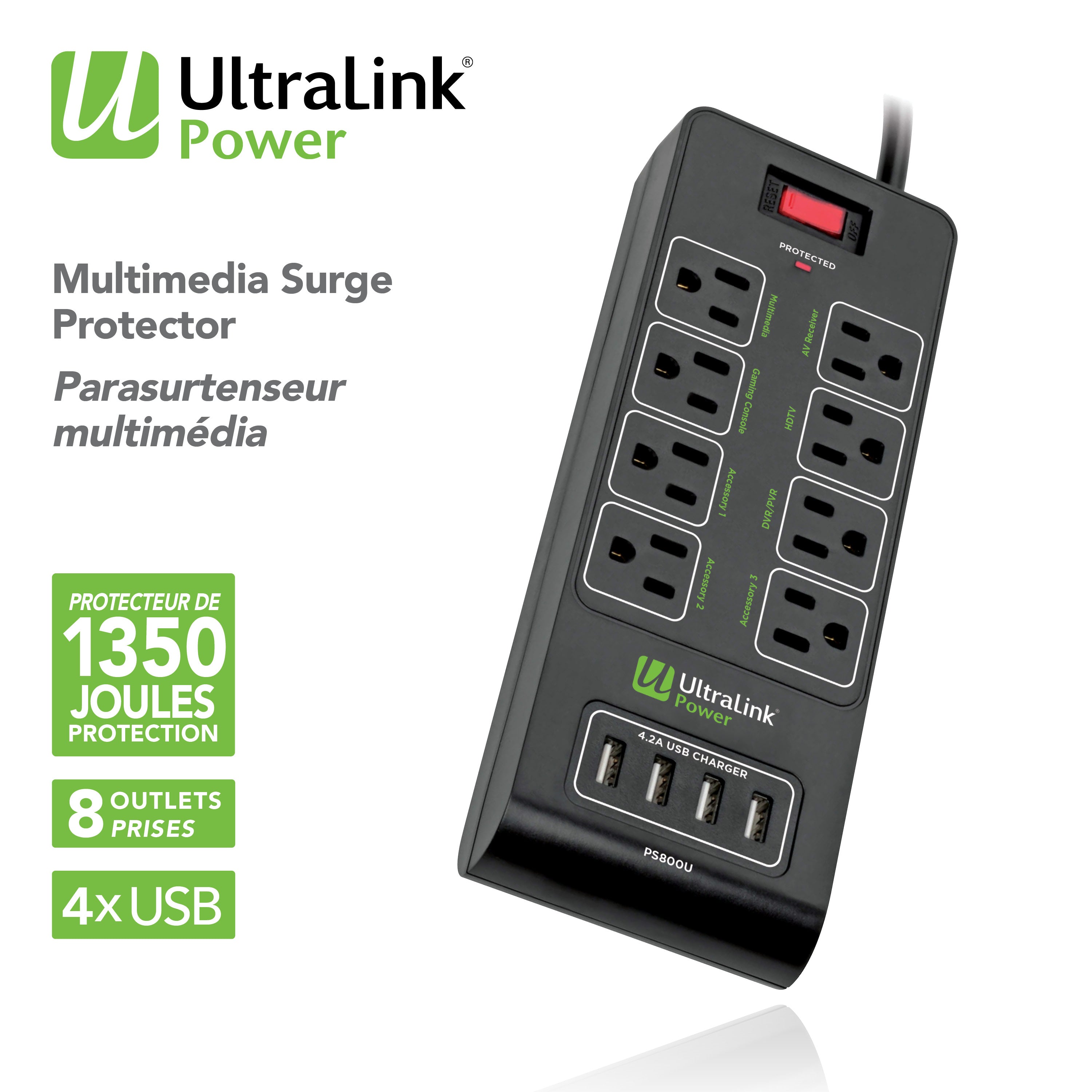 Ultralink Power: Surge Protector - 8 Outlet - 4 USB 4.2A