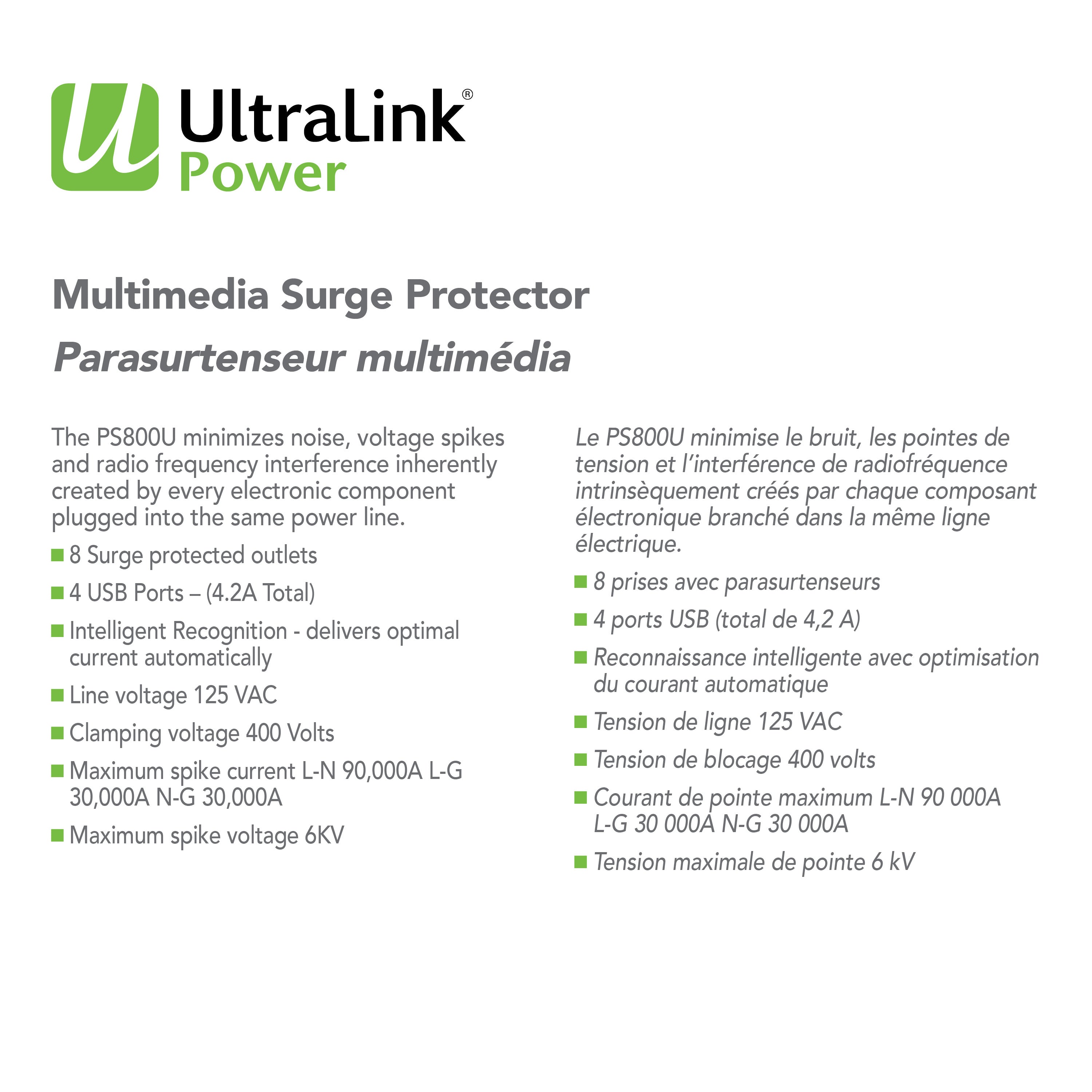 Ultralink Power: Surge Protector - 8 Outlet - 4 USB 4.2A